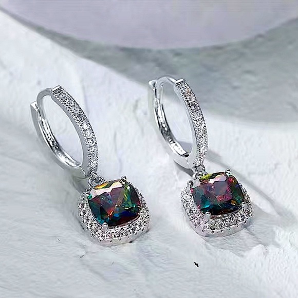 Mystic Topaz White Gold Plated Square Cut Zircon Dangle Earrings - Picture 6 of 7